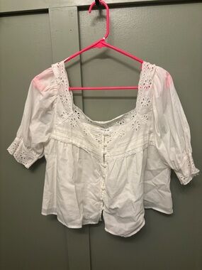 Jacqui E White Eyelet Square Neck Blouse